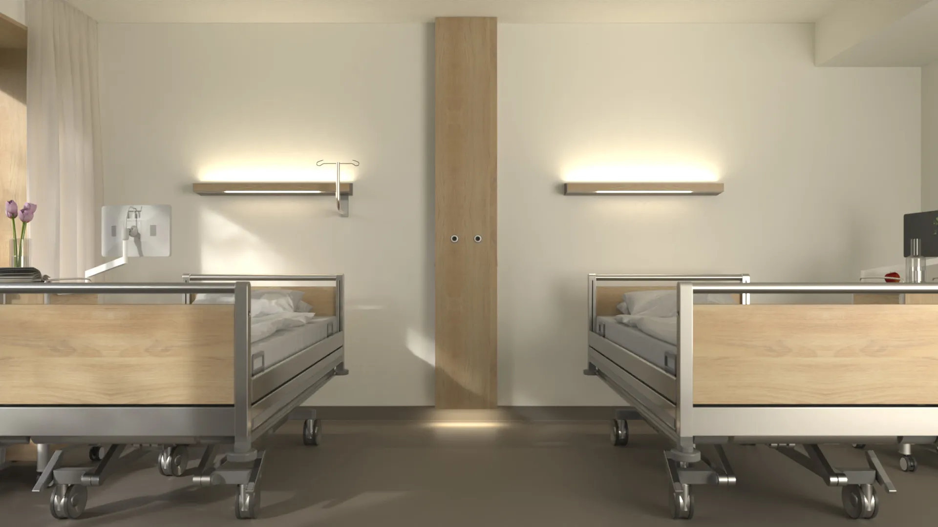 Two hospital beds with wooden cladding face each other in a bright room, with a wooden door between them and two wall lights above.